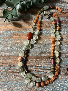 Handmade Multicolor Gemstone layered  Necklace — Orange & Green Gemstones